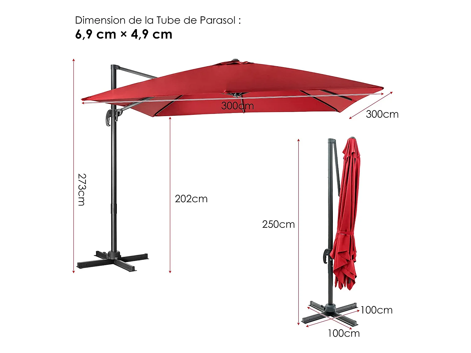 Parasol Déporté Inclinable 3x3M avec Base Croisée Rotatif à 360°,Manivelle,8 Baleines,Event pour Jardin,Terrasse,Vin-Rouge