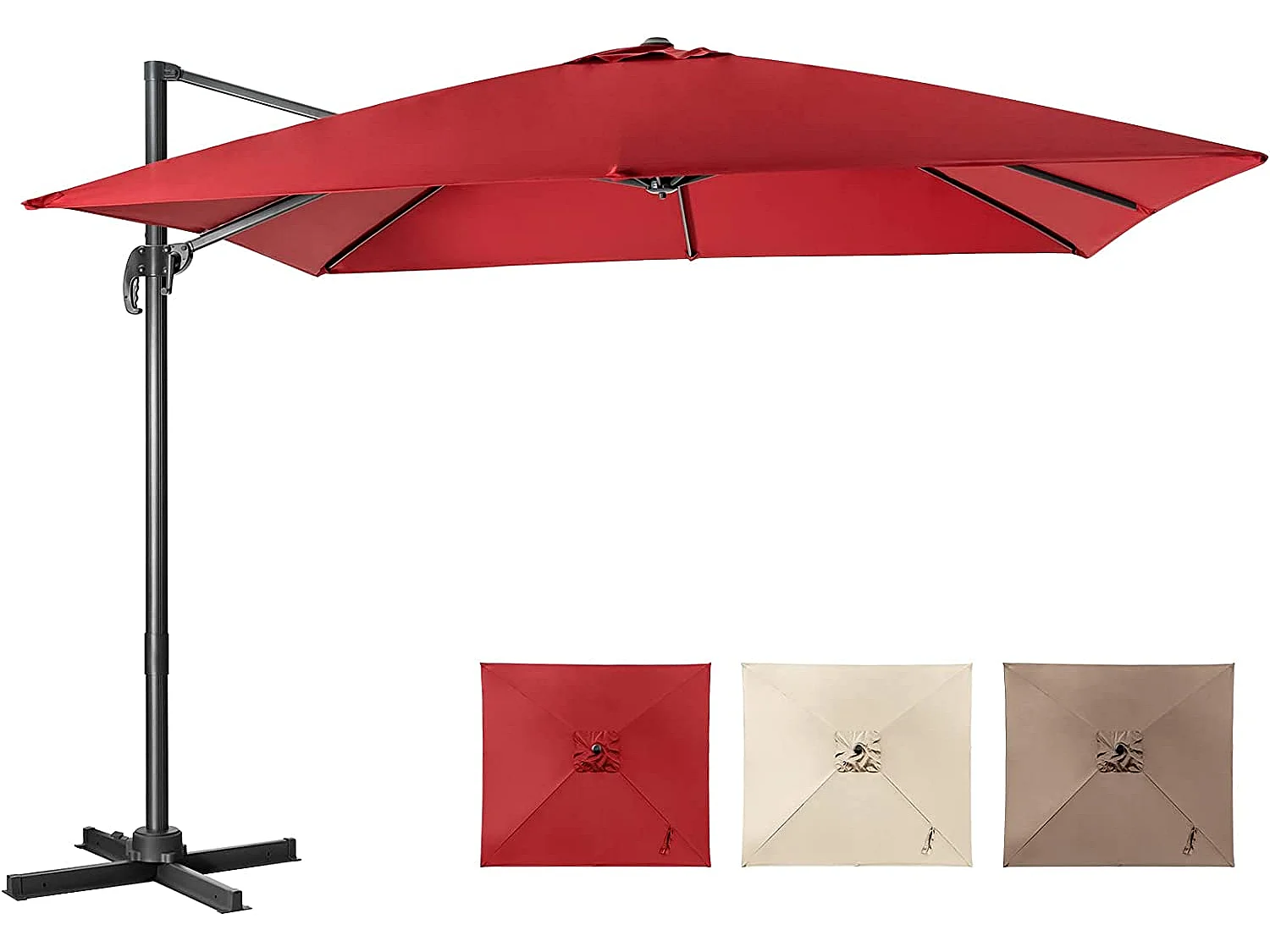 Parasol Déporté Inclinable 3x3M avec Base Croisée Rotatif à 360°,Manivelle,8 Baleines,Event pour Jardin,Terrasse,Vin-Rouge
