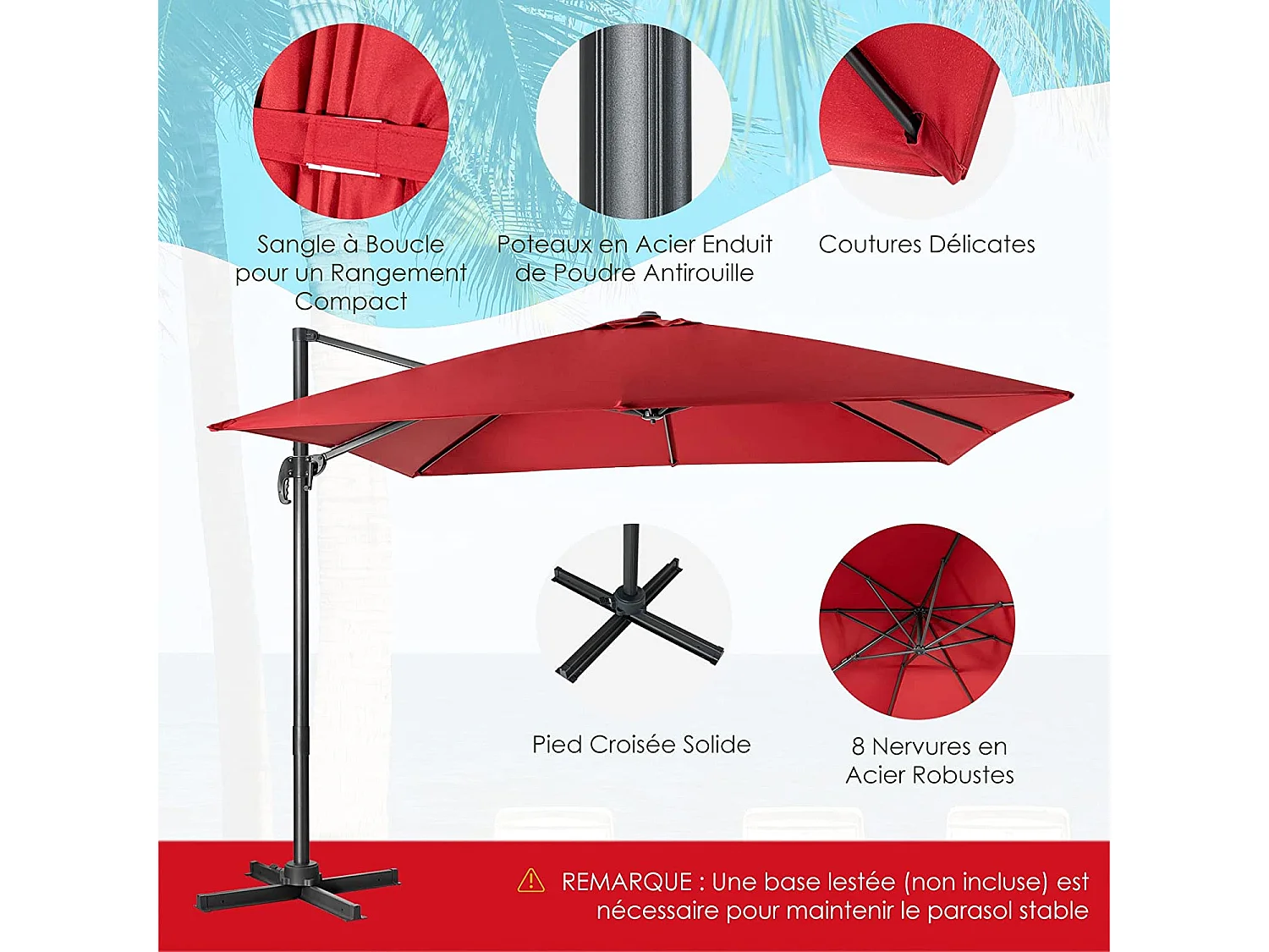 Parasol Déporté Inclinable 3x3M avec Base Croisée Rotatif à 360°,Manivelle,8 Baleines,Event pour Jardin,Terrasse,Vin-Rouge