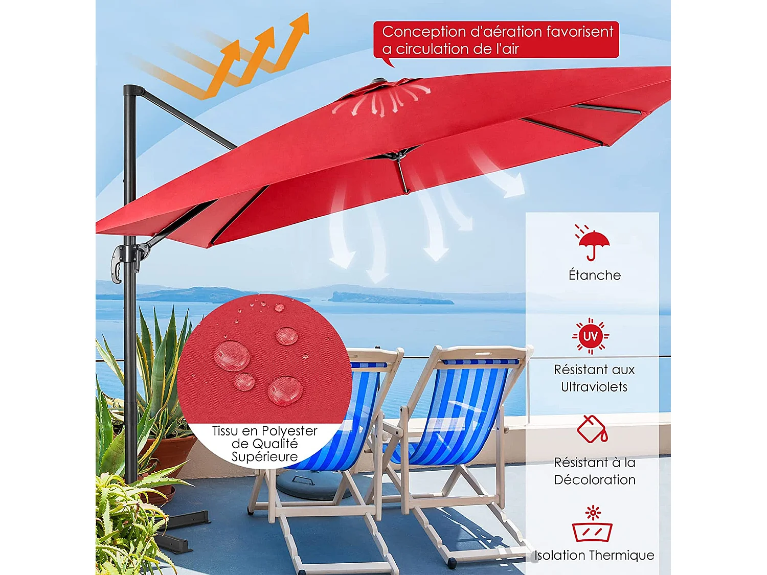 Parasol Déporté Inclinable 3x3M avec Base Croisée Rotatif à 360°,Manivelle,8 Baleines,Event pour Jardin,Terrasse,Vin-Rouge