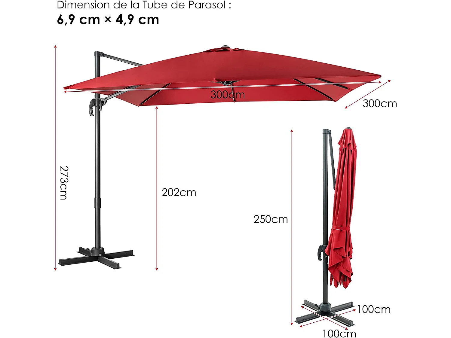 Parasol Déporté Inclinable 3x3M avec Base Croisée Rotatif à 360°,Manivelle,8 Baleines,Event pour Jardin,Terrasse,Vin-Rouge