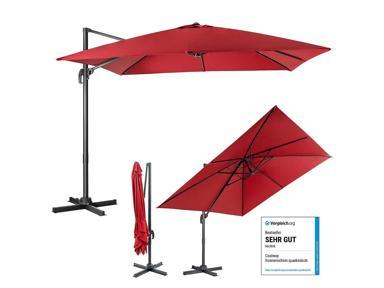 Parasol Déporté Inclinable 3x3M avec Base Croisée Rotatif à 360°,Manivelle,8 Baleines,Event pour Jardin,Terrasse,Vin-Rouge