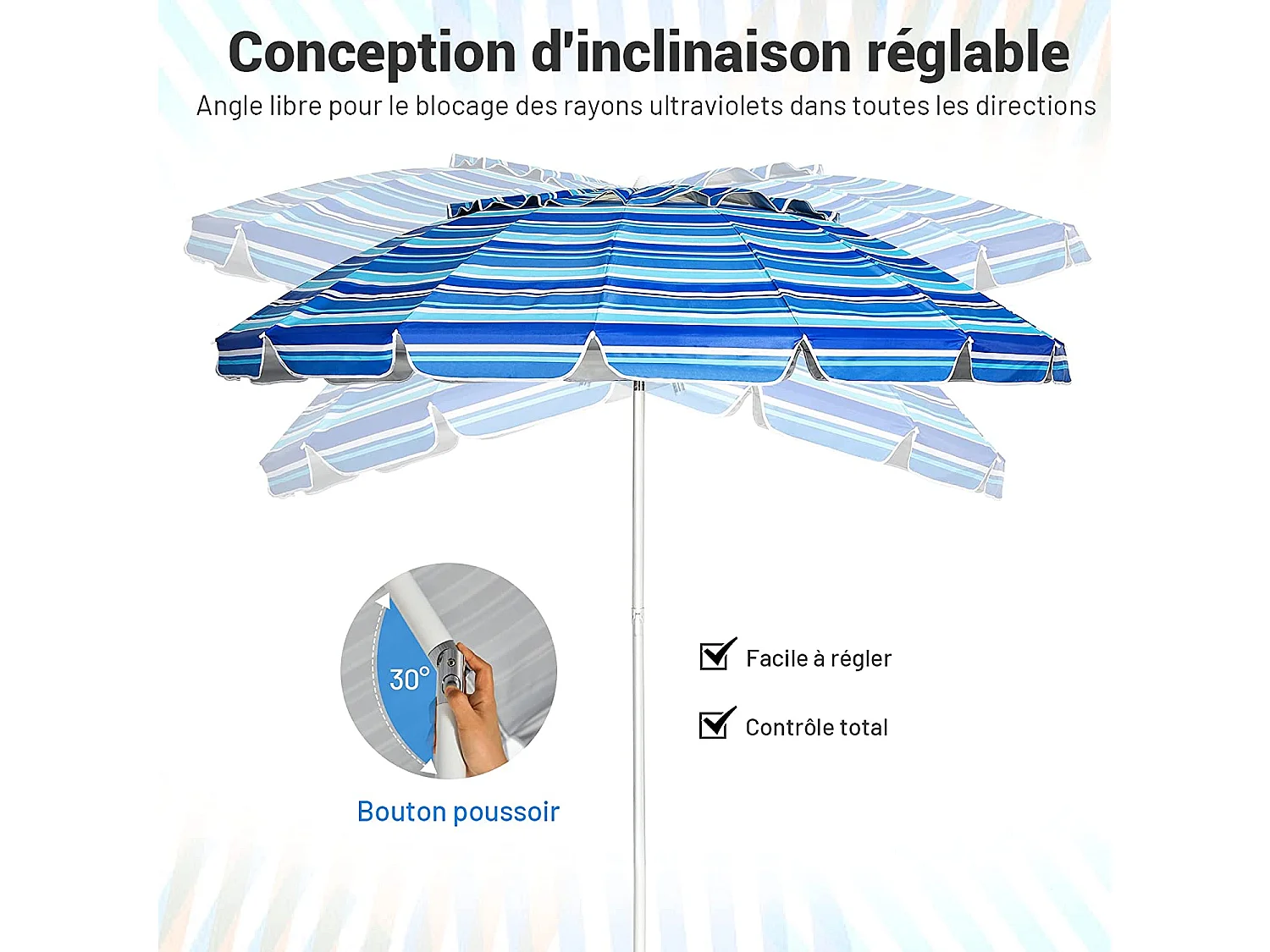 Parasol de Plage Inclinable 2,45 M Protection UPF 50+ Baleines en Fibre de Verre avec Sac Pied Amovible Bleu foncé