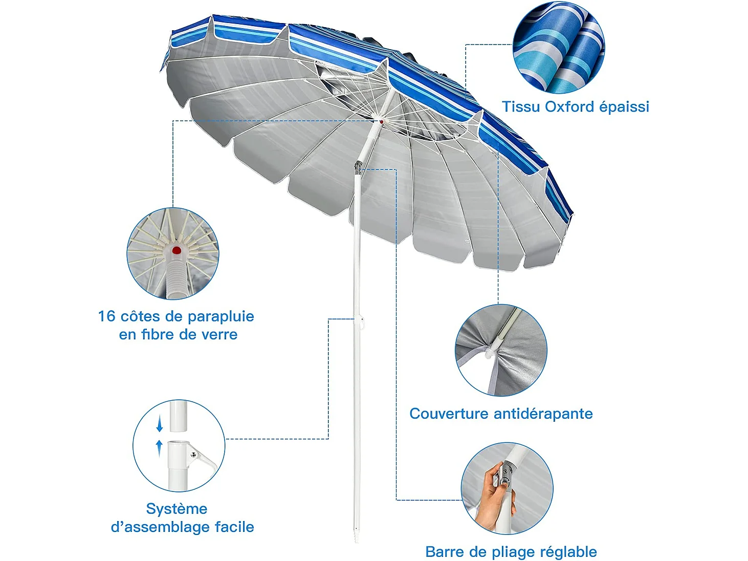 Parasol de Plage Inclinable 2,45 M Protection UPF 50+ Baleines en Fibre de Verre avec Sac Pied Amovible Bleu foncé
