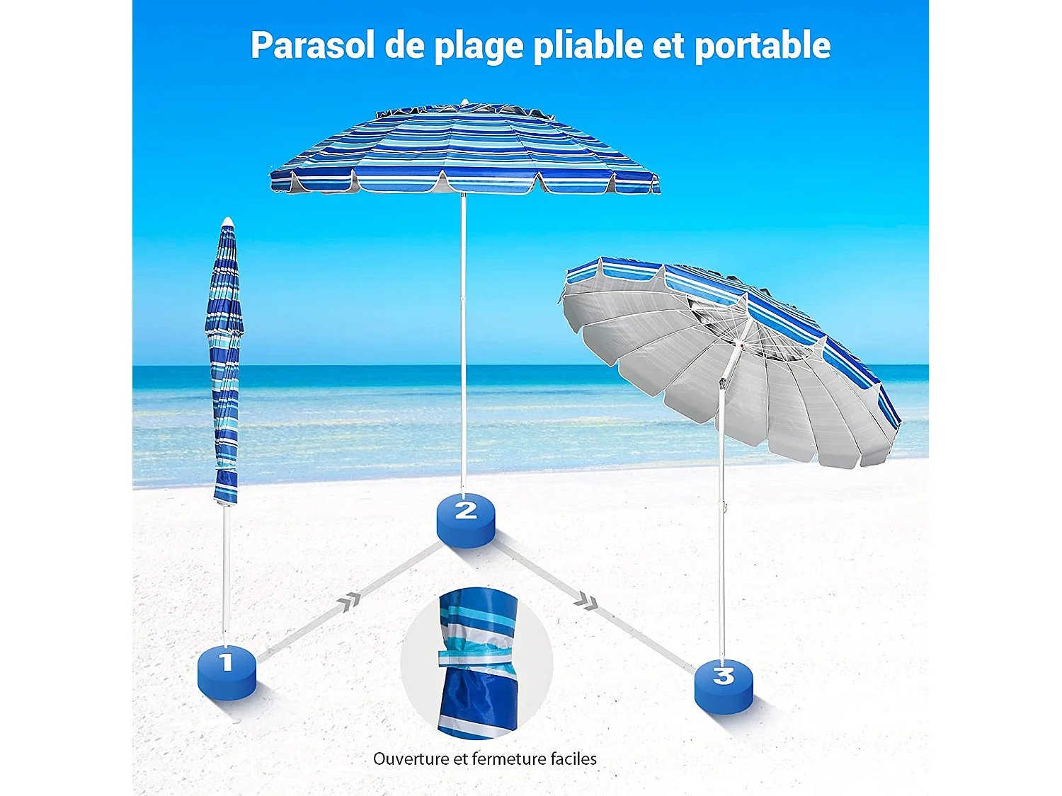 Parasol de Plage Inclinable 2,45 M Protection UPF 50+ Baleines en Fibre de Verre avec Sac Pied Amovible Bleu foncé