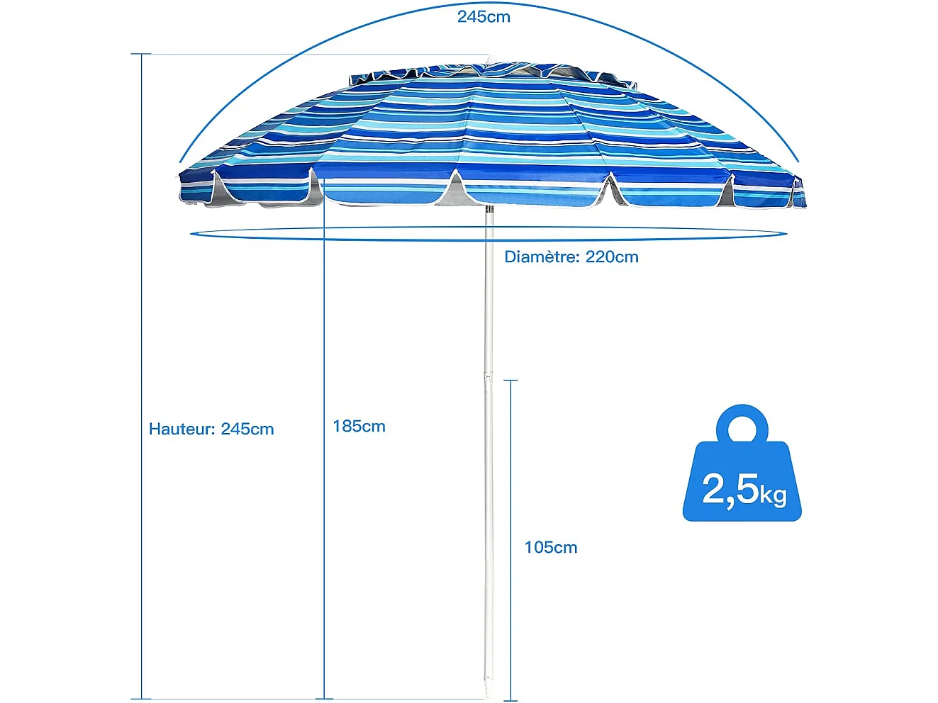 Parasol de Plage Inclinable 2,45 M Protection UPF 50+ Baleines en Fibre de Verre avec Sac Pied Amovible Bleu foncé