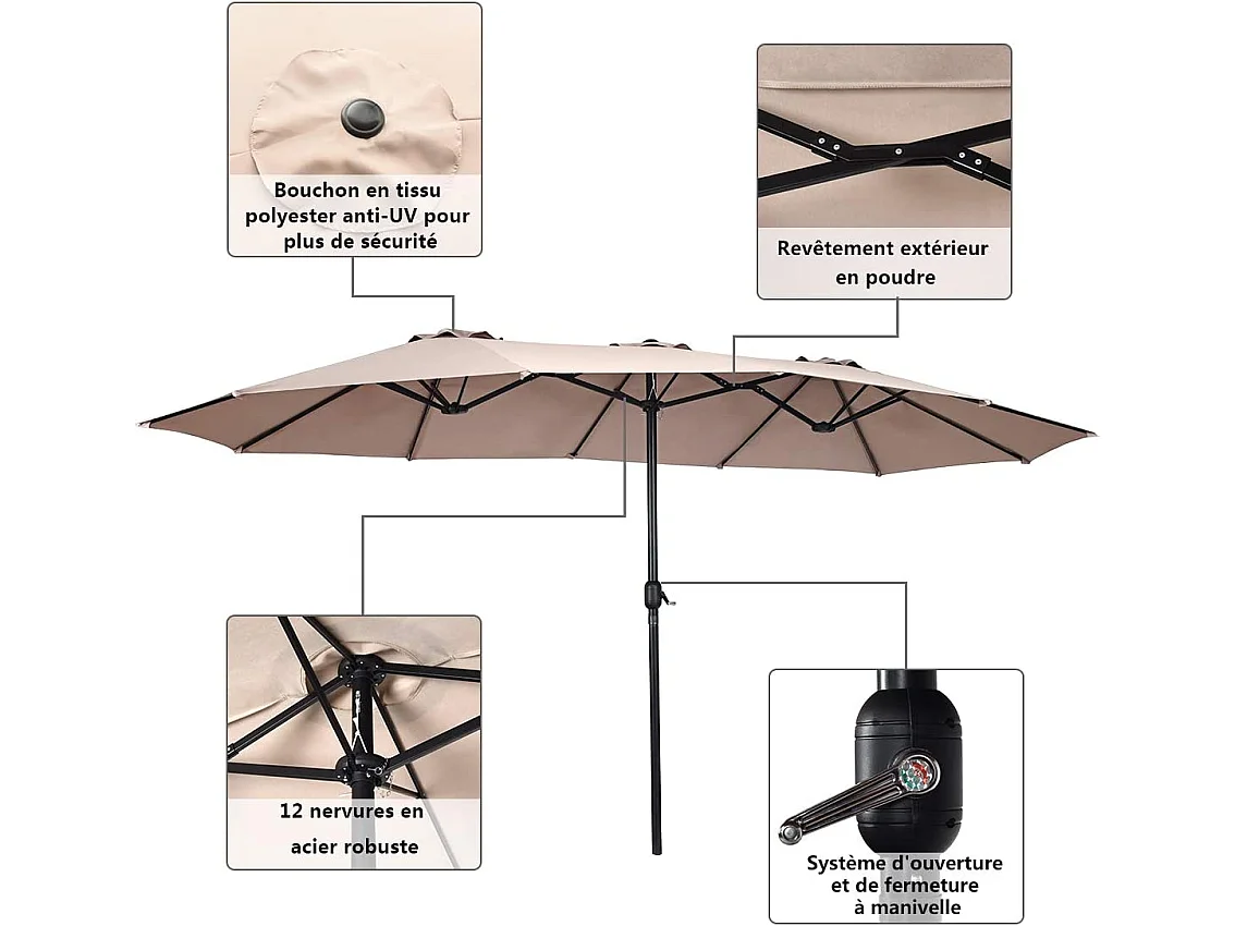 parasol de jardin parasol extérieur double 460x245cm de grande taille φ48mm poteau pour balcon/jardin/terrasse (beige)