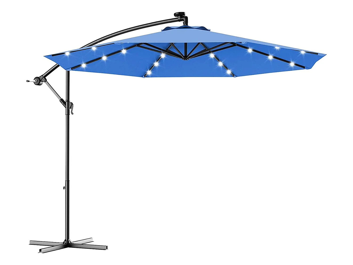 Parasol Déporté 3M Excentré avec 24 LED Lampe Solaire en Polyester Inperméable Hauteur 250CM avec 8 Baleines en Fer Jardin