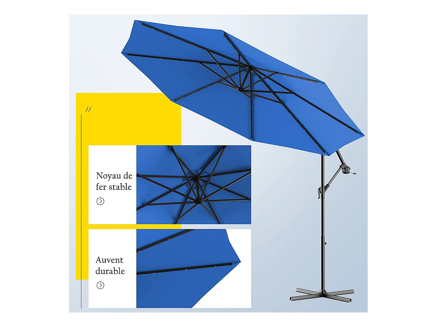 Parasol Déporté 3M Excentré avec 24 LED Lampe Solaire en Polyester Inperméable Hauteur 250CM avec 8 Baleines en Fer Jardin