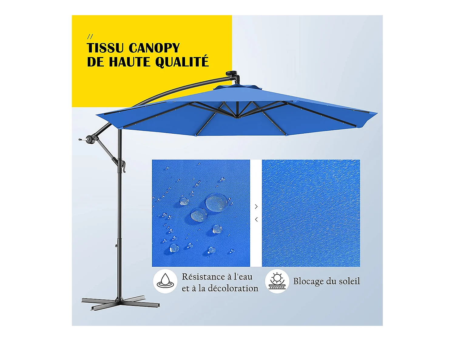 Parasol Déporté 3M Excentré avec 24 LED Lampe Solaire en Polyester Inperméable Hauteur 250CM avec 8 Baleines en Fer Jardin