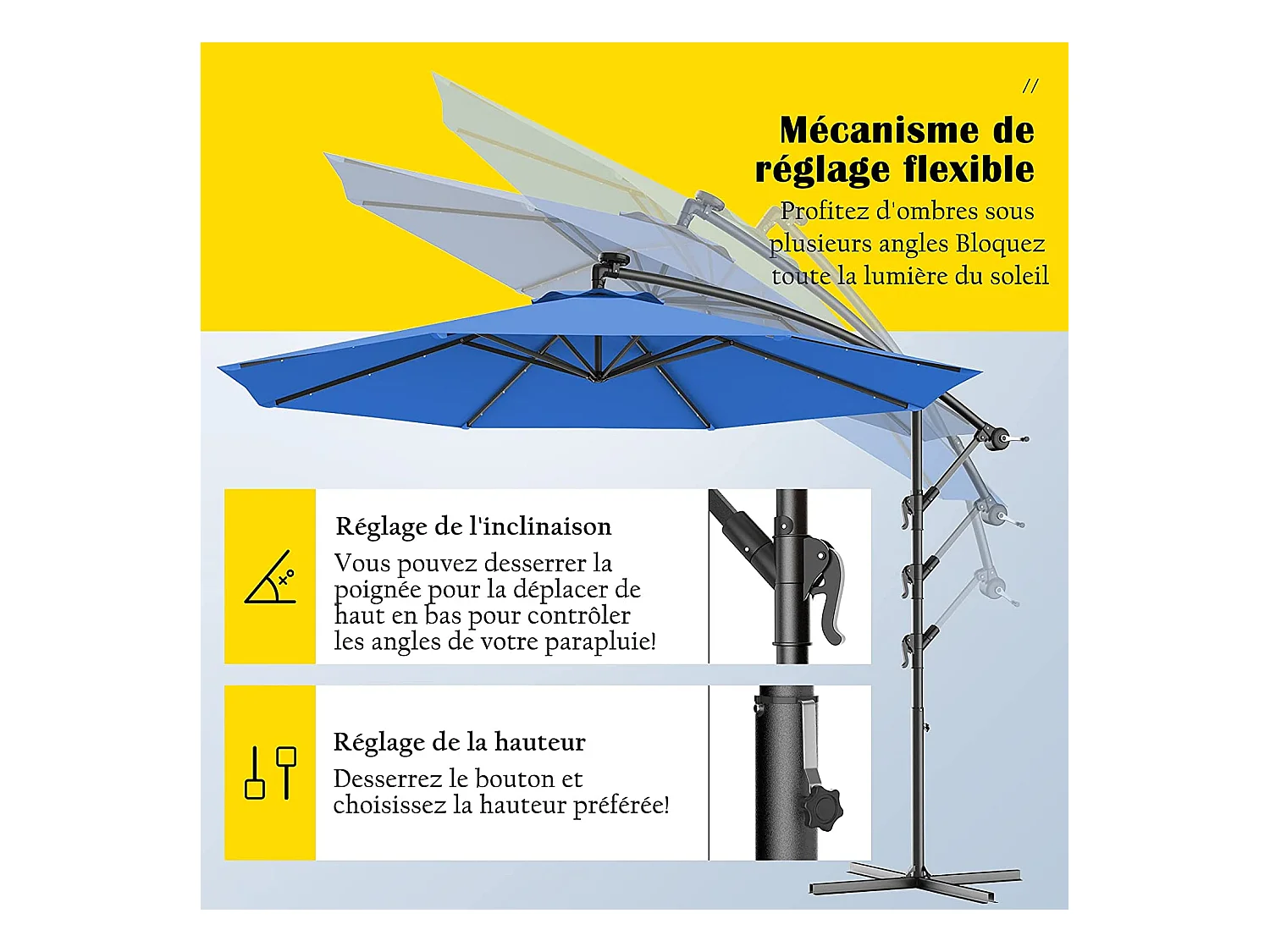 Parasol Déporté 3M Excentré avec 24 LED Lampe Solaire en Polyester Inperméable Hauteur 250CM avec 8 Baleines en Fer Jardin