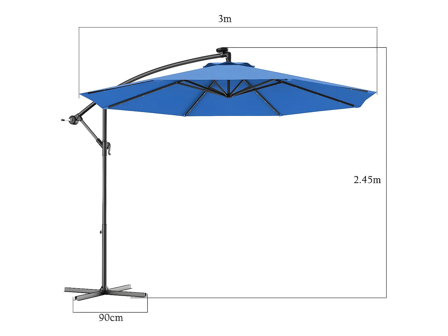 Parasol Déporté 3M Excentré avec 24 LED Lampe Solaire en Polyester Inperméable Hauteur 250CM avec 8 Baleines en Fer Jardin