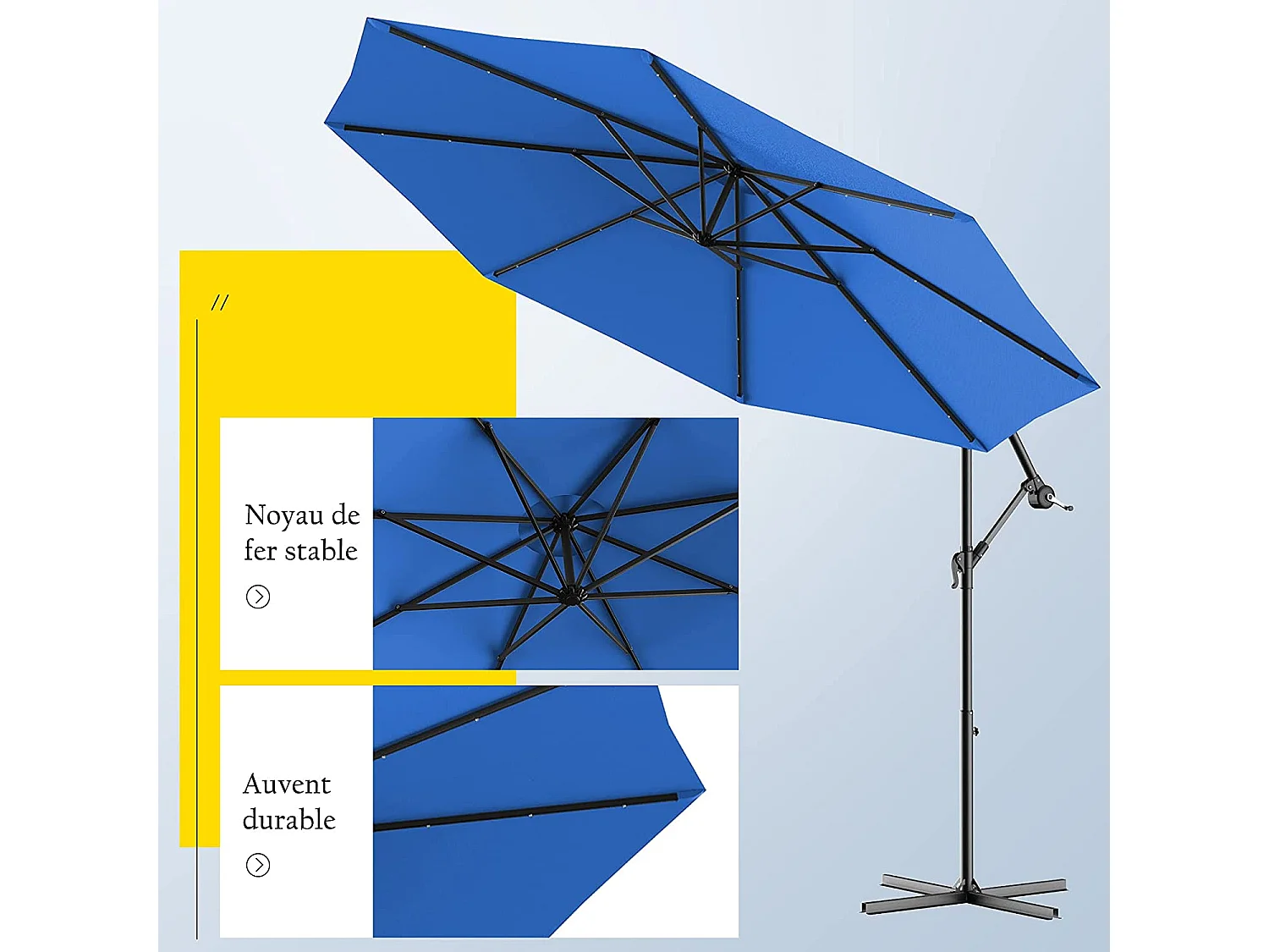 Parasol Déporté 3M Excentré avec 24 LED Lampe Solaire en Polyester Inperméable Hauteur 250CM avec 8 Baleines en Fer Jardin