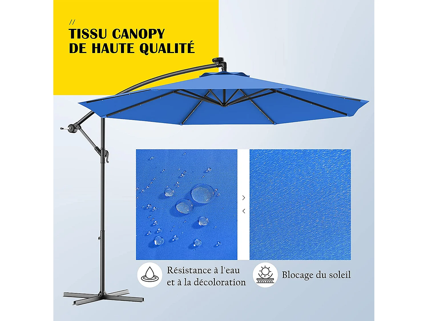 Parasol Déporté 3M Excentré avec 24 LED Lampe Solaire en Polyester Inperméable Hauteur 250CM avec 8 Baleines en Fer Jardin