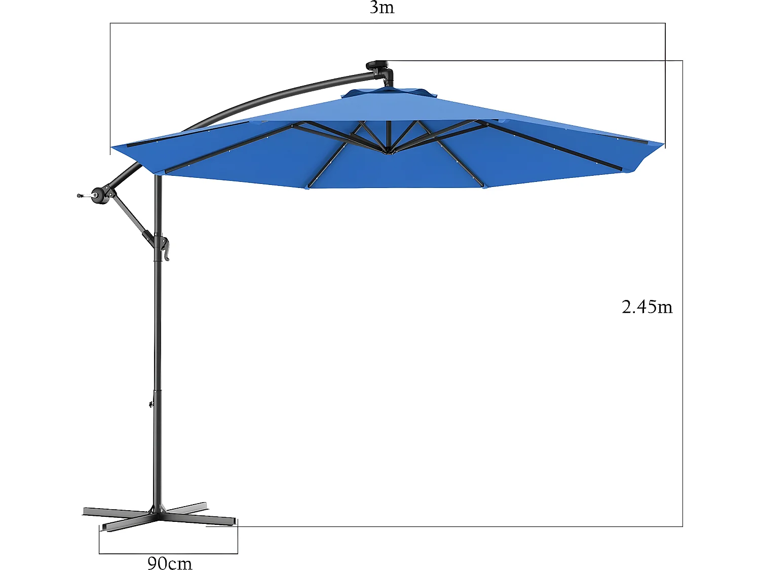 Parasol Déporté 3M Excentré avec 24 LED Lampe Solaire en Polyester Inperméable Hauteur 250CM avec 8 Baleines en Fer Jardin