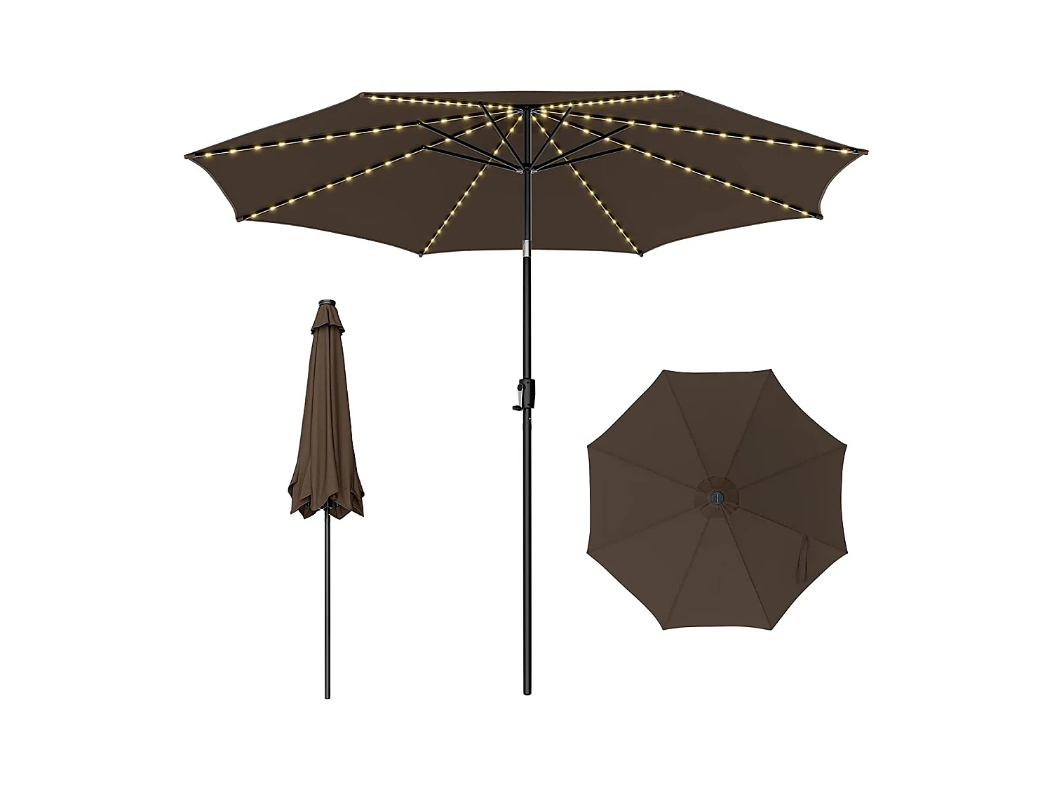 Parasol Inclinable 3M, 112 Lumières LED, Panneau Solaire, Manivelle à Bouton-poussoir,Toile Ventilée Café