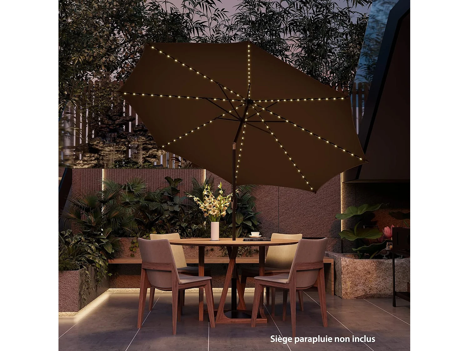 Parasol Inclinable 3M, 112 Lumières LED, Panneau Solaire, Manivelle à Bouton-poussoir,Toile Ventilée Café
