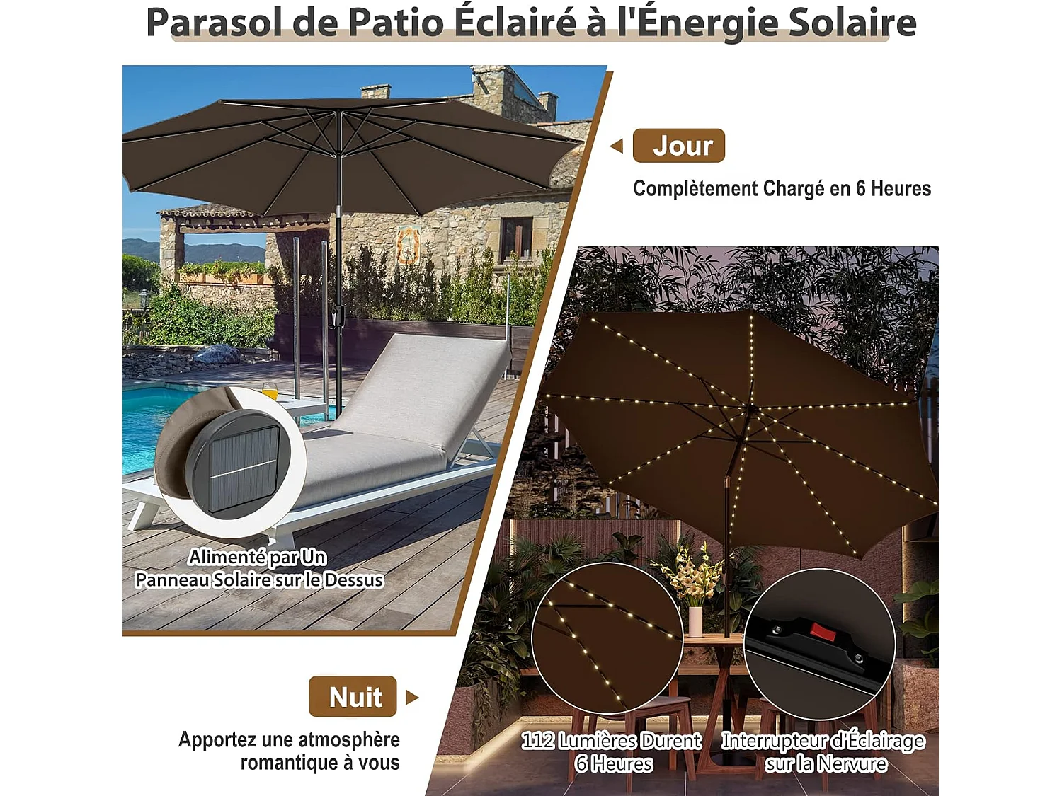 Parasol Inclinable 3M, 112 Lumières LED, Panneau Solaire, Manivelle à Bouton-poussoir,Toile Ventilée Café