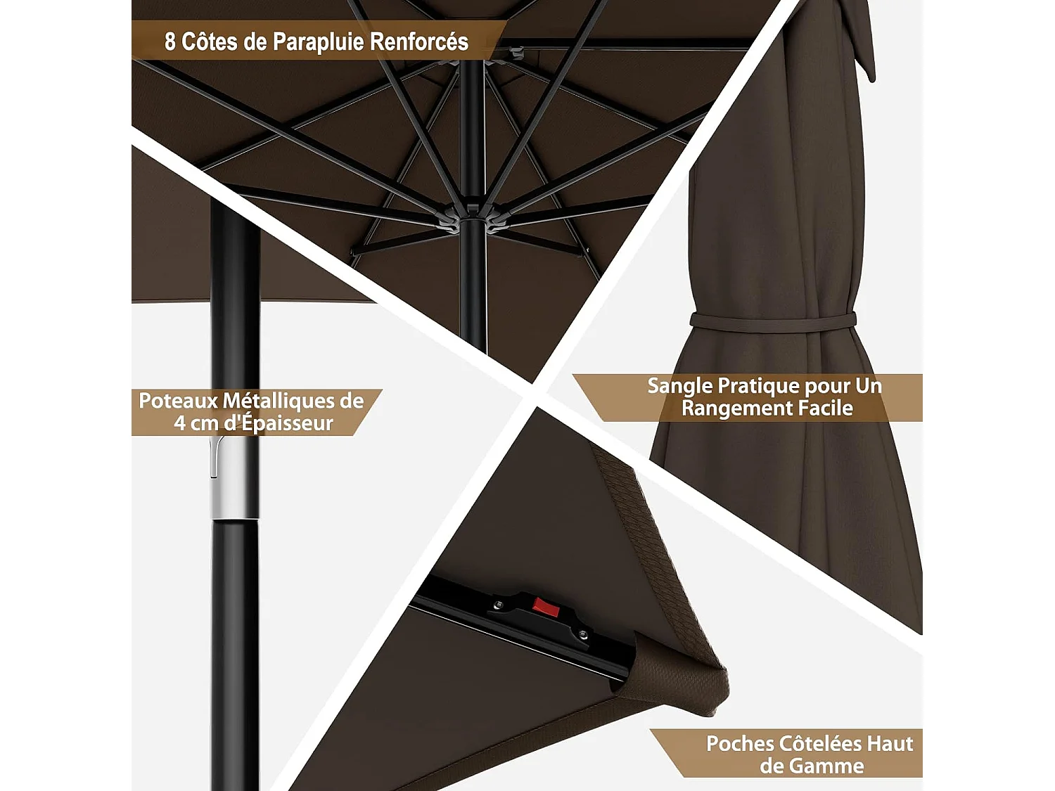 Parasol Inclinable 3M, 112 Lumières LED, Panneau Solaire, Manivelle à Bouton-poussoir,Toile Ventilée Café