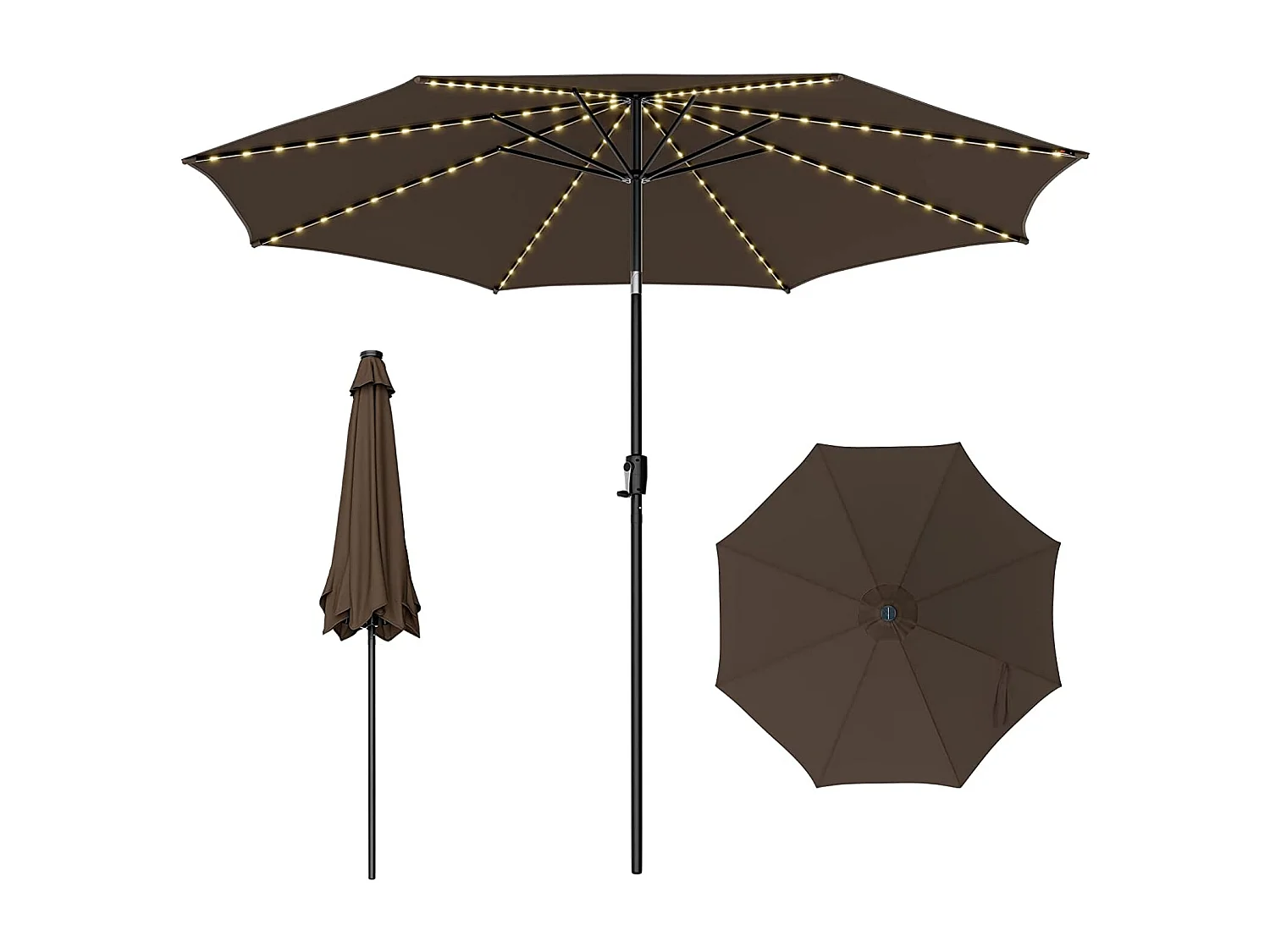Parasol Inclinable 3M, 112 Lumières LED, Panneau Solaire, Manivelle à Bouton-poussoir,Toile Ventilée Café