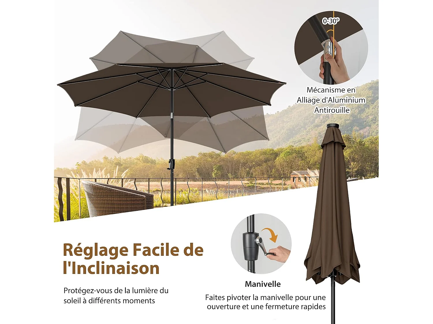 Parasol Inclinable 3M, 112 Lumières LED, Panneau Solaire, Manivelle à Bouton-poussoir,Toile Ventilée Café