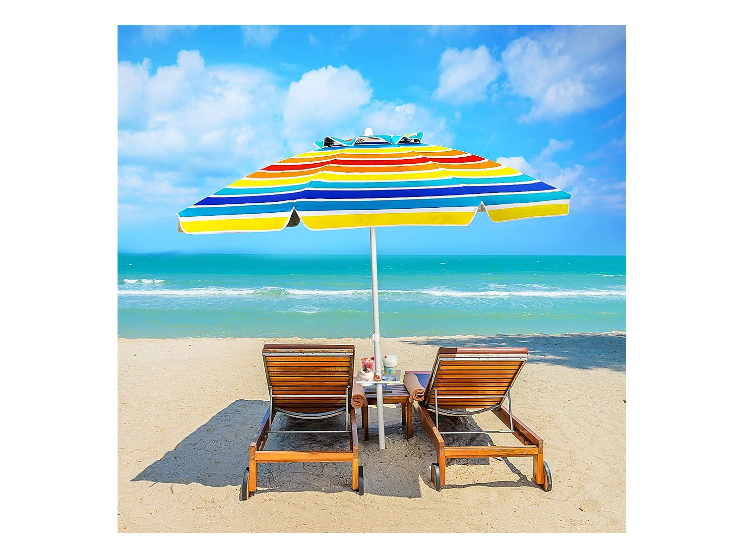 Parasol Pliable 2,2M Mécanisme Inclinable 30° avec Porte-Gobelet Fixation pour Sable Protection UPF50+ Portable Extérieur Arc-en-Ciel