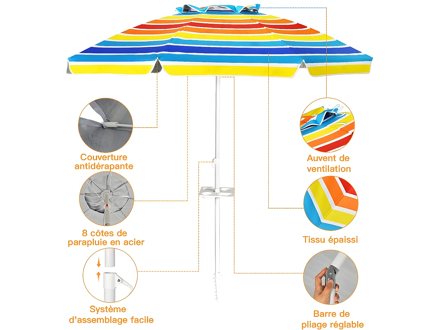 Parasol Pliable 2,2M Mécanisme Inclinable 30° avec Porte-Gobelet Fixation pour Sable Protection UPF50+ Portable Extérieur Arc-en-Ciel