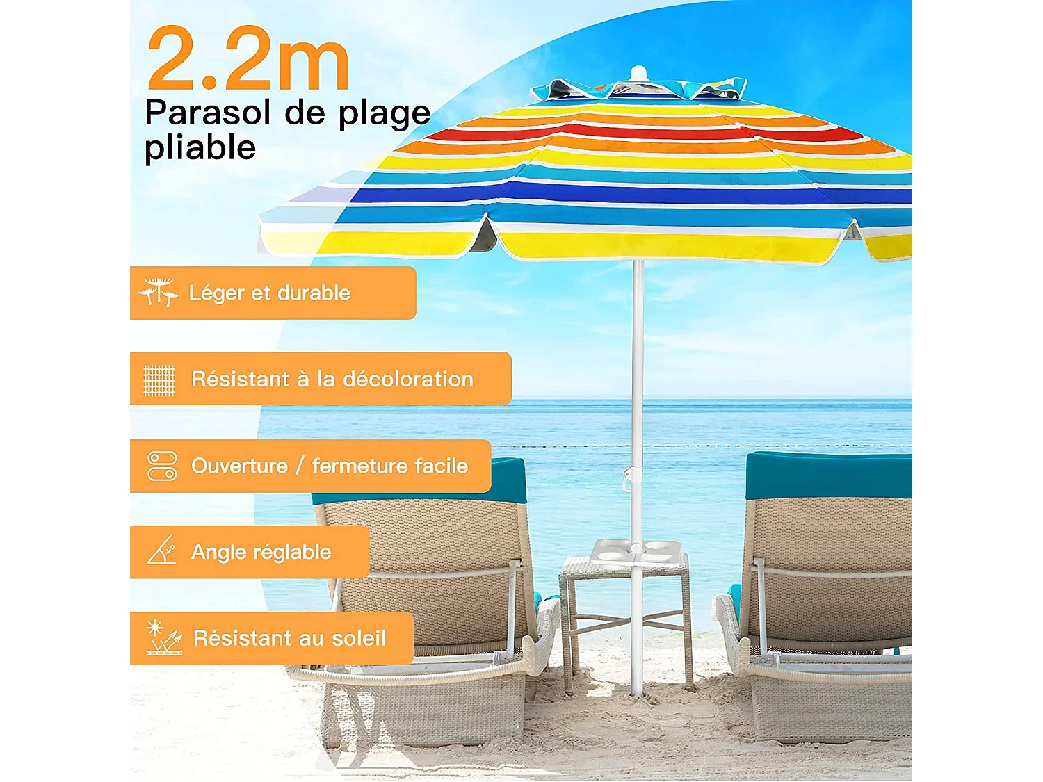 Parasol Pliable 2,2M Mécanisme Inclinable 30° avec Porte-Gobelet Fixation pour Sable Protection UPF50+ Portable Extérieur Arc-en-Ciel