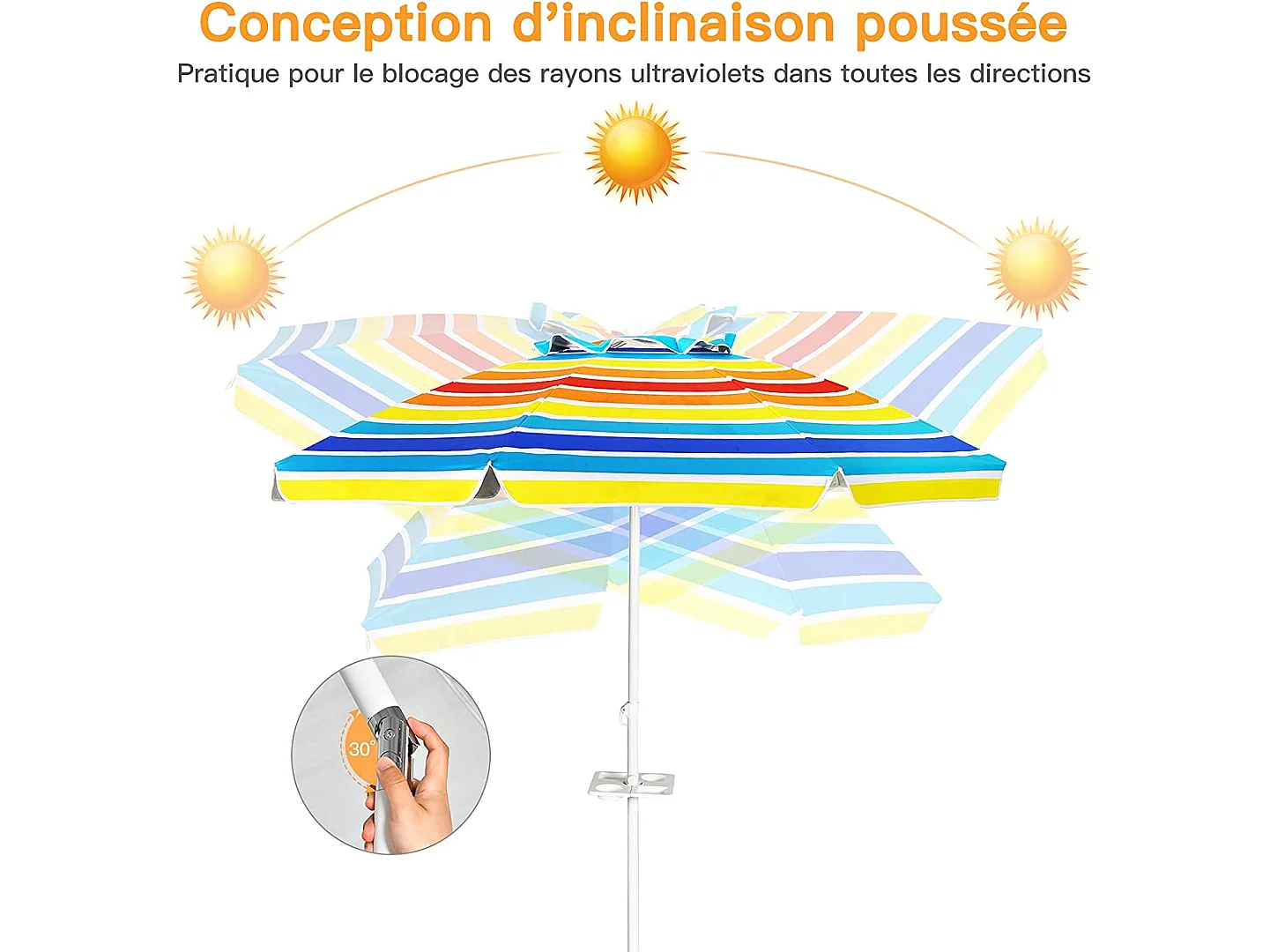 Parasol Pliable 2,2M Mécanisme Inclinable 30° avec Porte-Gobelet Fixation pour Sable Protection UPF50+ Portable Extérieur Arc-en-Ciel