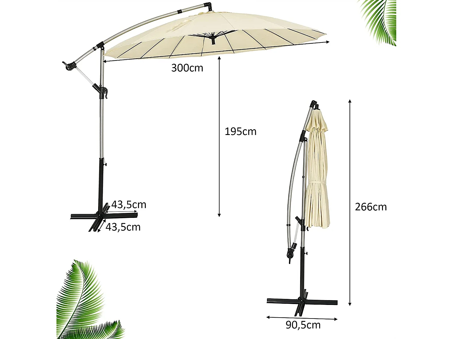 Parasol de Jardin Déporté 3M avec Manivelle Inclinable Pied en Croix 16 Baleines Fibre de Verre Hauteur 2,66M pour Jardin