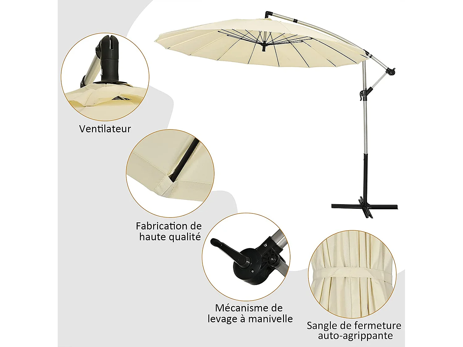 Parasol de Jardin Déporté 3M avec Manivelle Inclinable Pied en Croix 16 Baleines Fibre de Verre Hauteur 2,66M pour Jardin