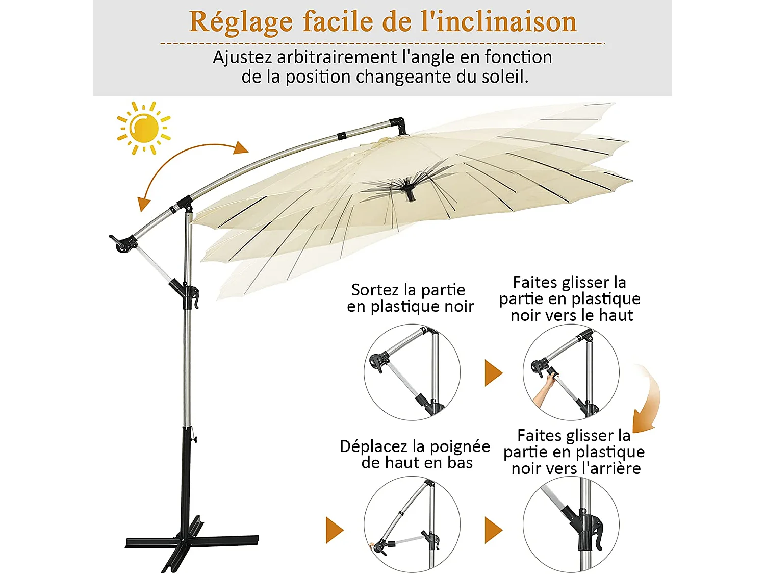Parasol de Jardin Déporté 3M avec Manivelle Inclinable Pied en Croix 16 Baleines Fibre de Verre Hauteur 2,66M pour Jardin
