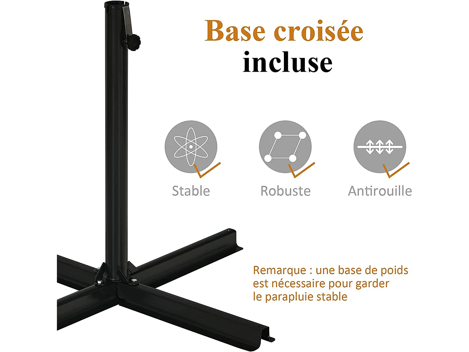 Parasol de Jardin Déporté 3M avec Manivelle Inclinable Pied en Croix 16 Baleines Fibre de Verre Hauteur 2,66M pour Jardin