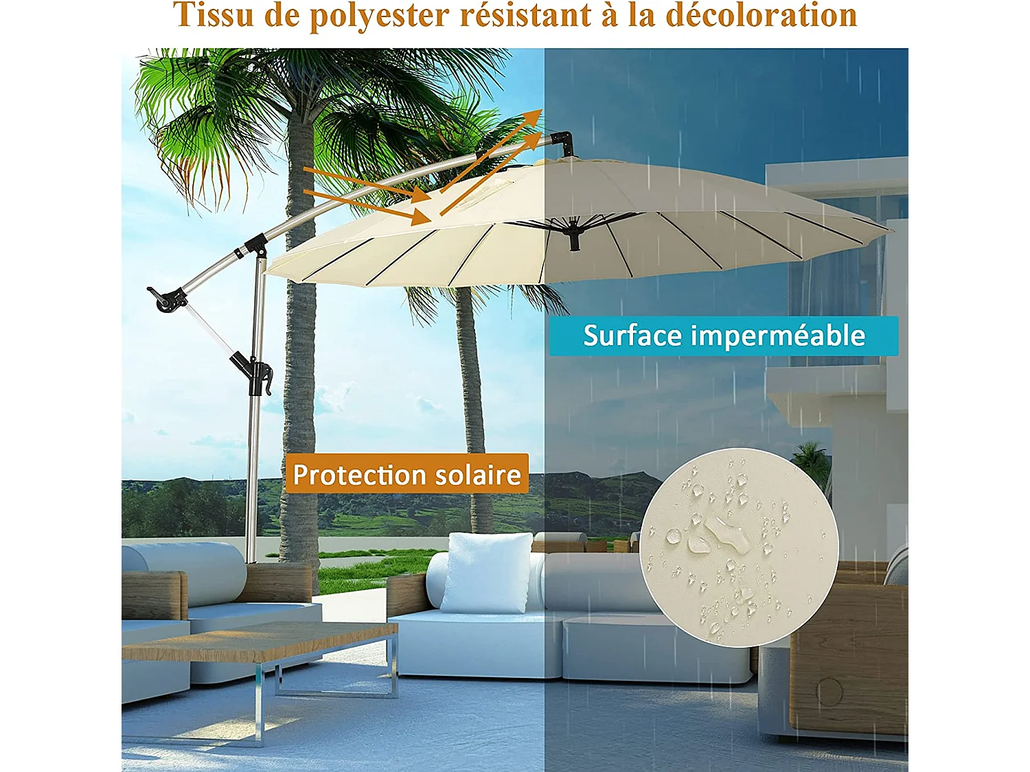 Parasol de Jardin Déporté 3M avec Manivelle Inclinable Pied en Croix 16 Baleines Fibre de Verre Hauteur 2,66M pour Jardin