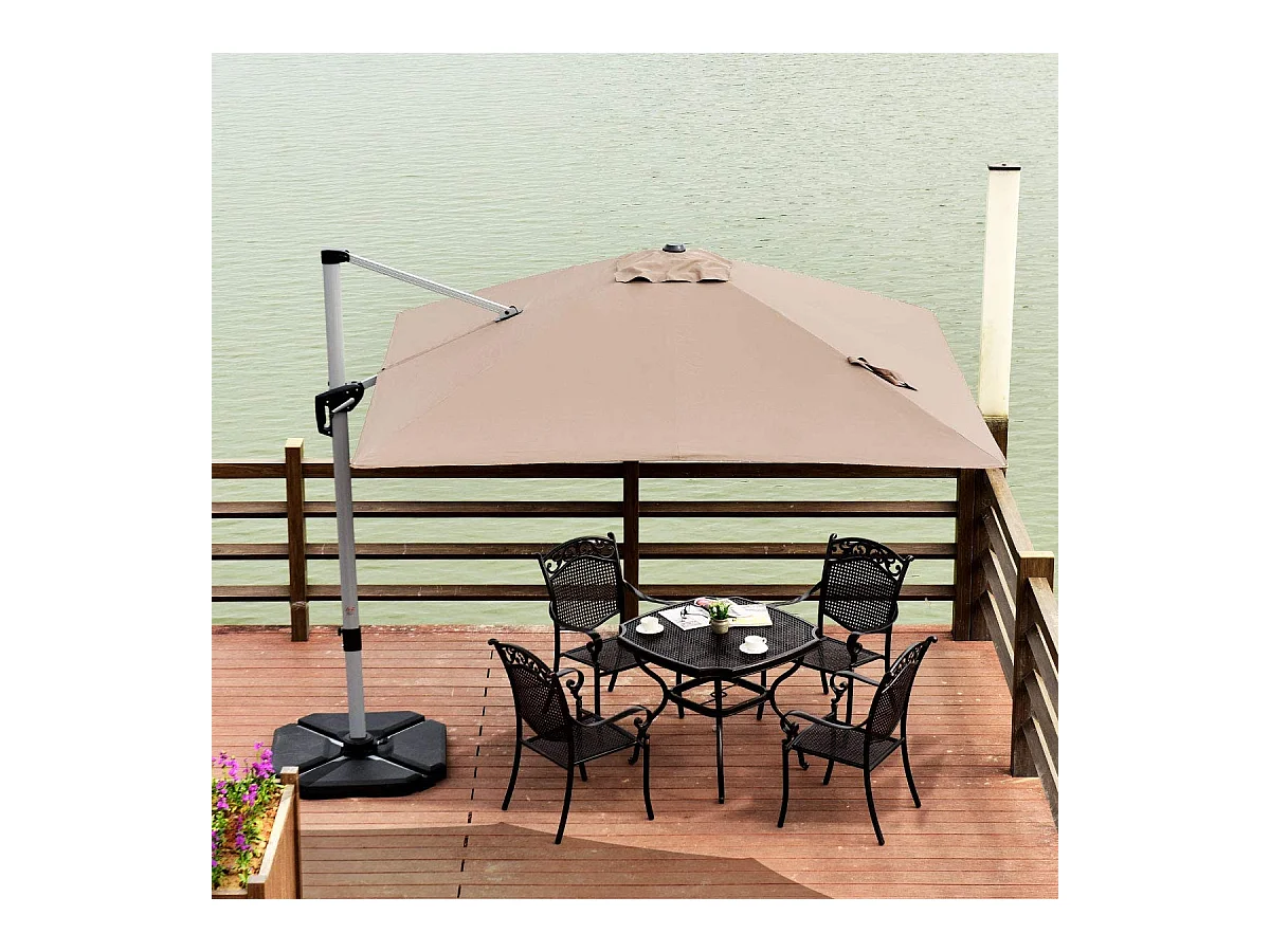 Parasol Déporté Carré 3M avec Base en Croix Poteau en Aluminium Rotatif à 360° Manivelle Inclinable 8 Baleines Brun
