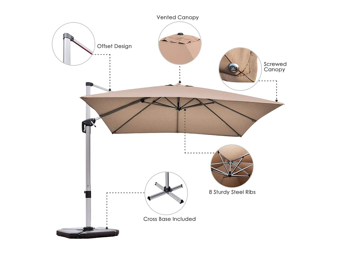 Parasol Déporté Carré 3M avec Base en Croix Poteau en Aluminium Rotatif à 360° Manivelle Inclinable 8 Baleines Brun