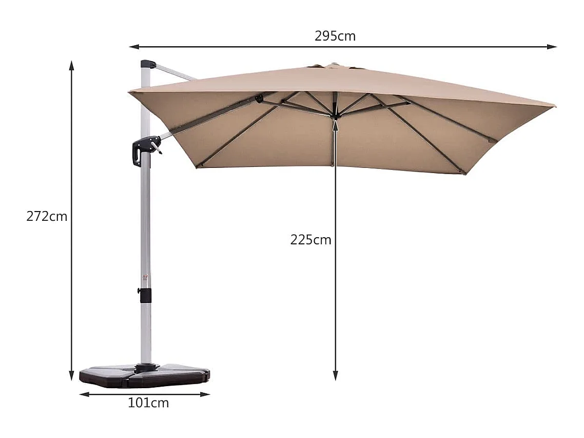 Parasol Déporté Carré 3M avec Base en Croix Poteau en Aluminium Rotatif à 360° Manivelle Inclinable 8 Baleines Brun