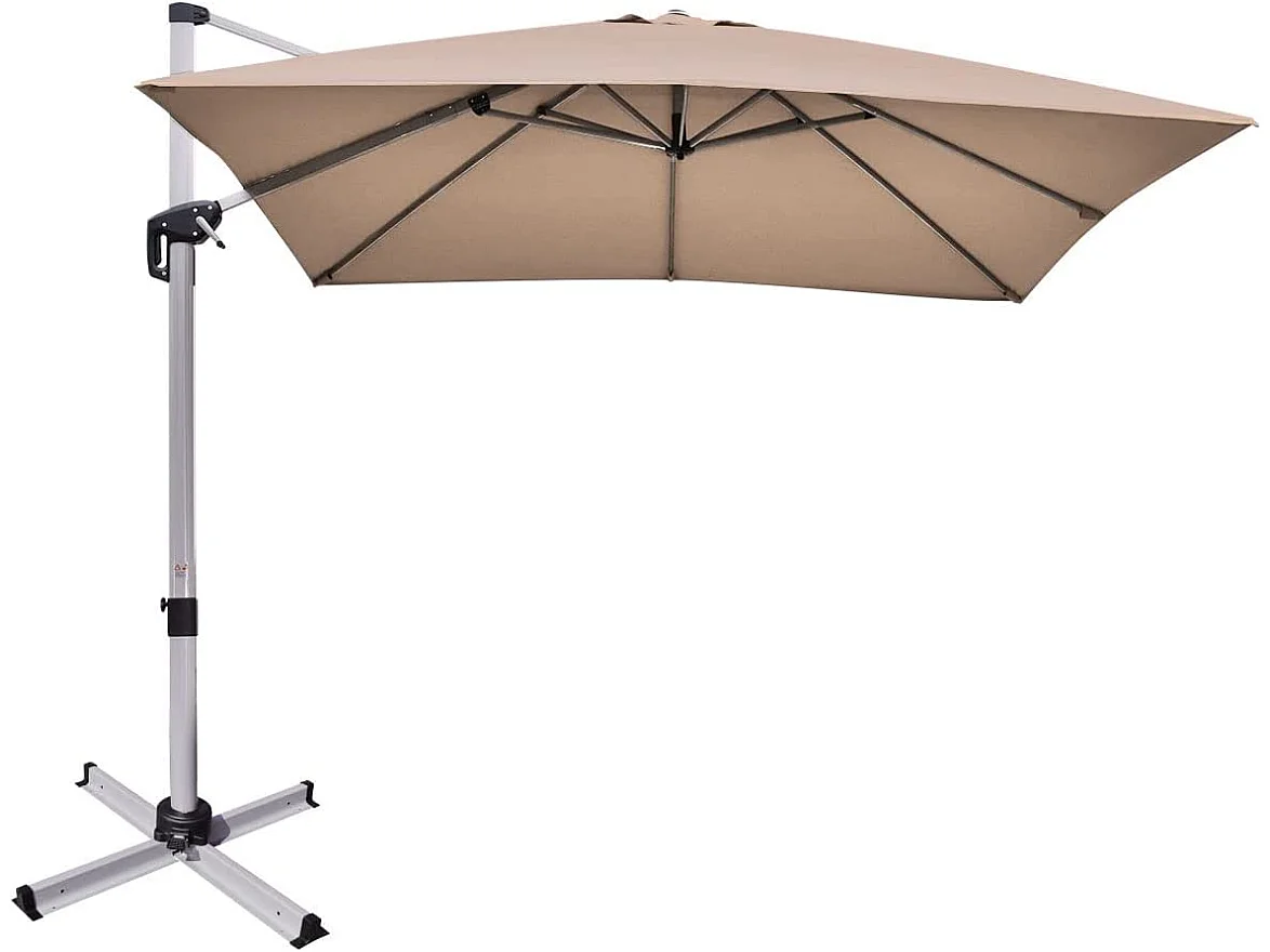 Parasol Déporté Carré 3M avec Base en Croix Poteau en Aluminium Rotatif à 360° Manivelle Inclinable 8 Baleines Brun