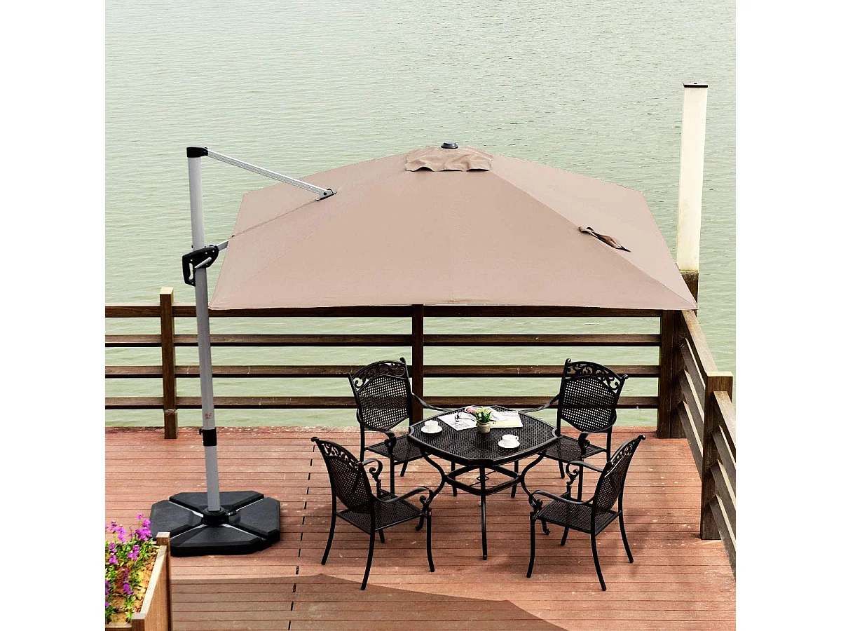 Parasol Déporté Carré 3M avec Base en Croix Poteau en Aluminium Rotatif à 360° Manivelle Inclinable 8 Baleines Brun
