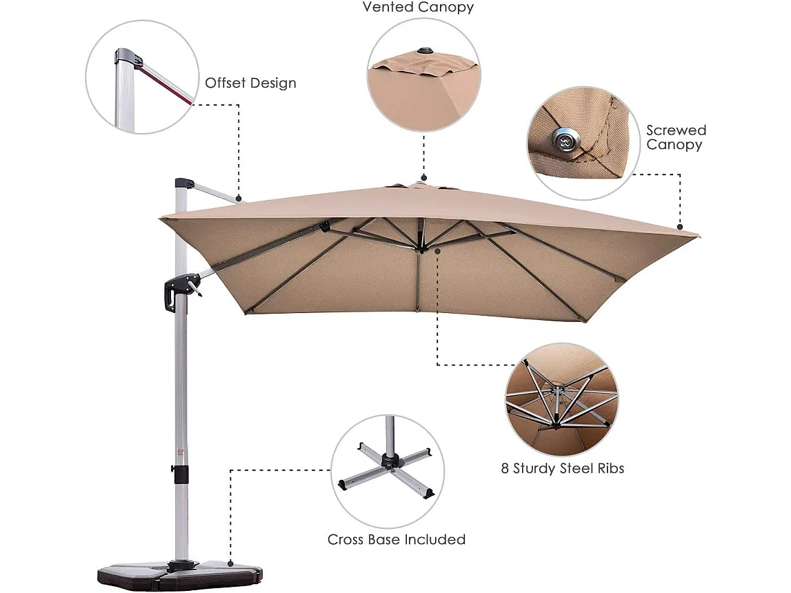Parasol Déporté Carré 3M avec Base en Croix Poteau en Aluminium Rotatif à 360° Manivelle Inclinable 8 Baleines Brun