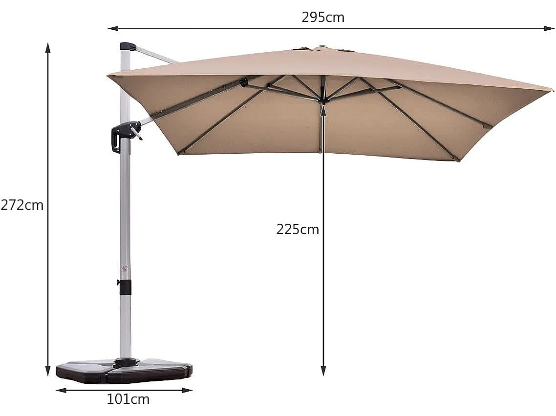 Parasol Déporté Carré 3M avec Base en Croix Poteau en Aluminium Rotatif à 360° Manivelle Inclinable 8 Baleines Brun