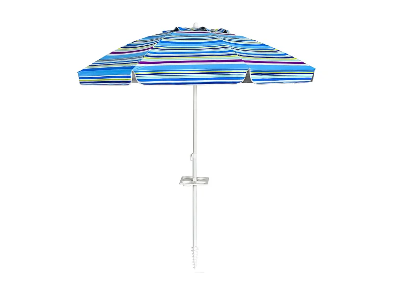 2,2M Opvouwbare Parasol 30° Kantelmechanisme met Bekerhouder Zandbevestiging UPF50+ Bescherming Draagbaar Buiten (Blauw)