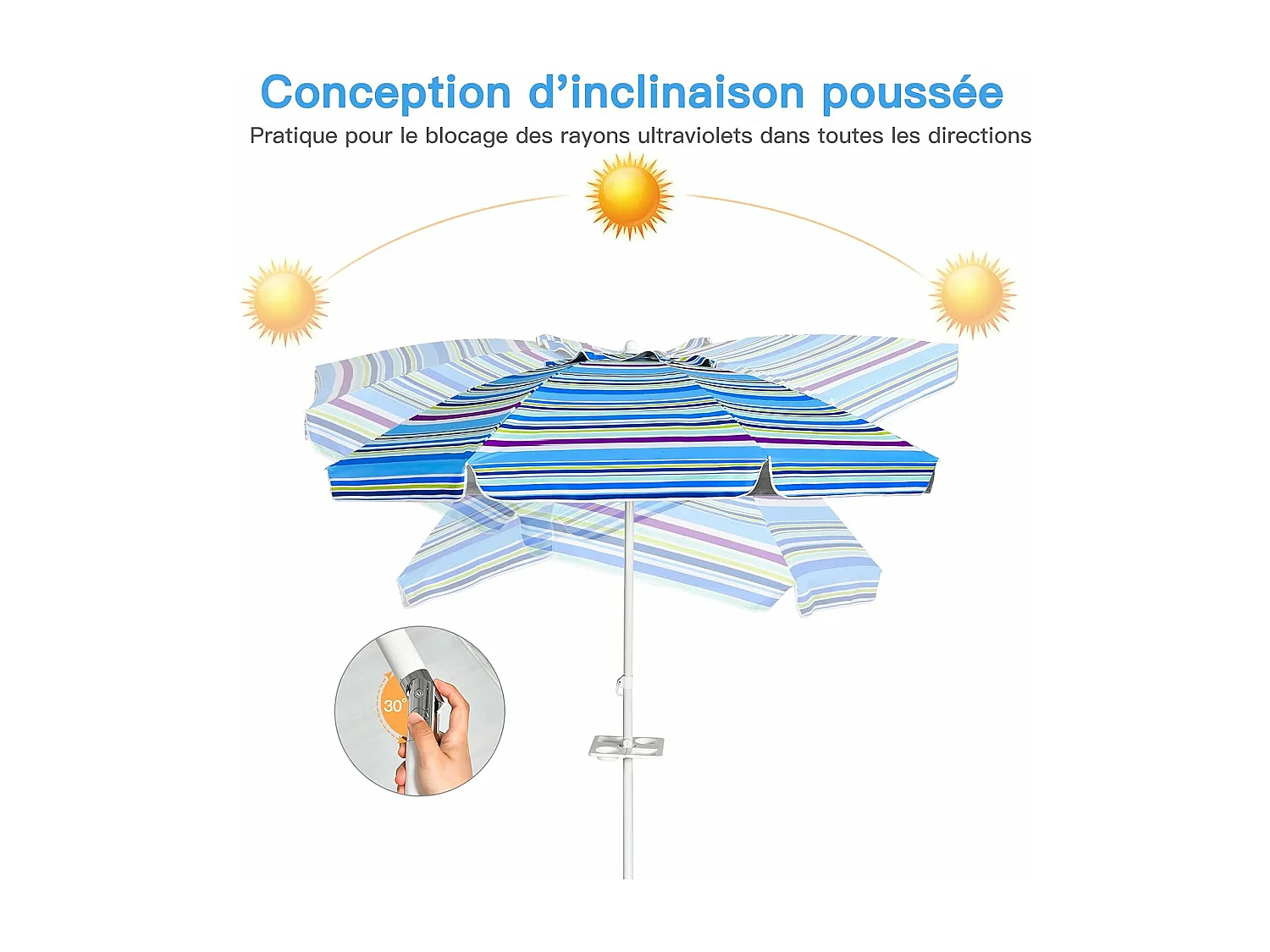 Parasol Pliable 2,2M Mécanisme Inclinable 30° avec Porte-Gobelet Fixation pour Sable Protection UPF50+ Portable Extérieur (Bleu)