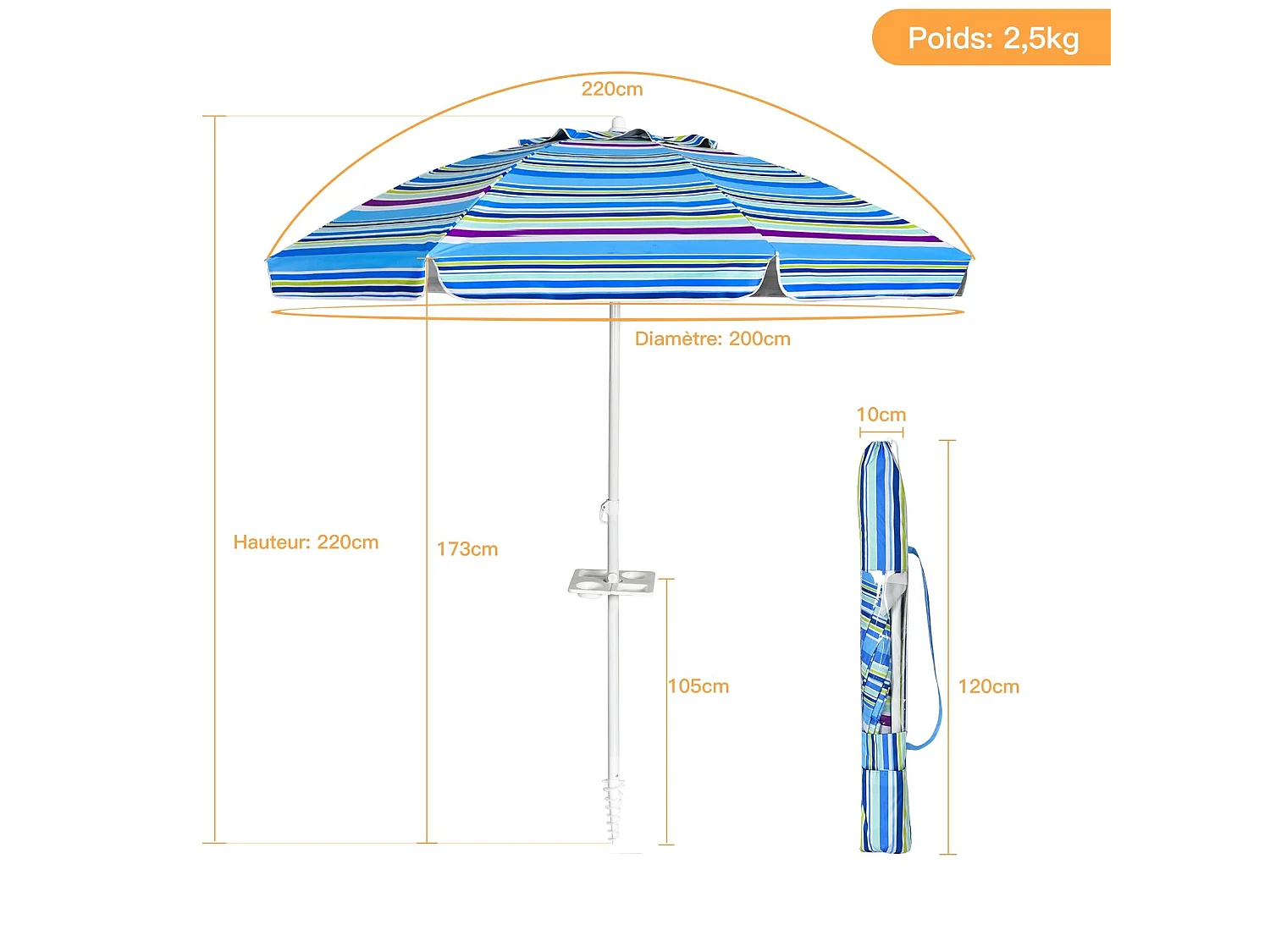 Parasol Pliable 2,2M Mécanisme Inclinable 30° avec Porte-Gobelet Fixation pour Sable Protection UPF50+ Portable Extérieur (Bleu)