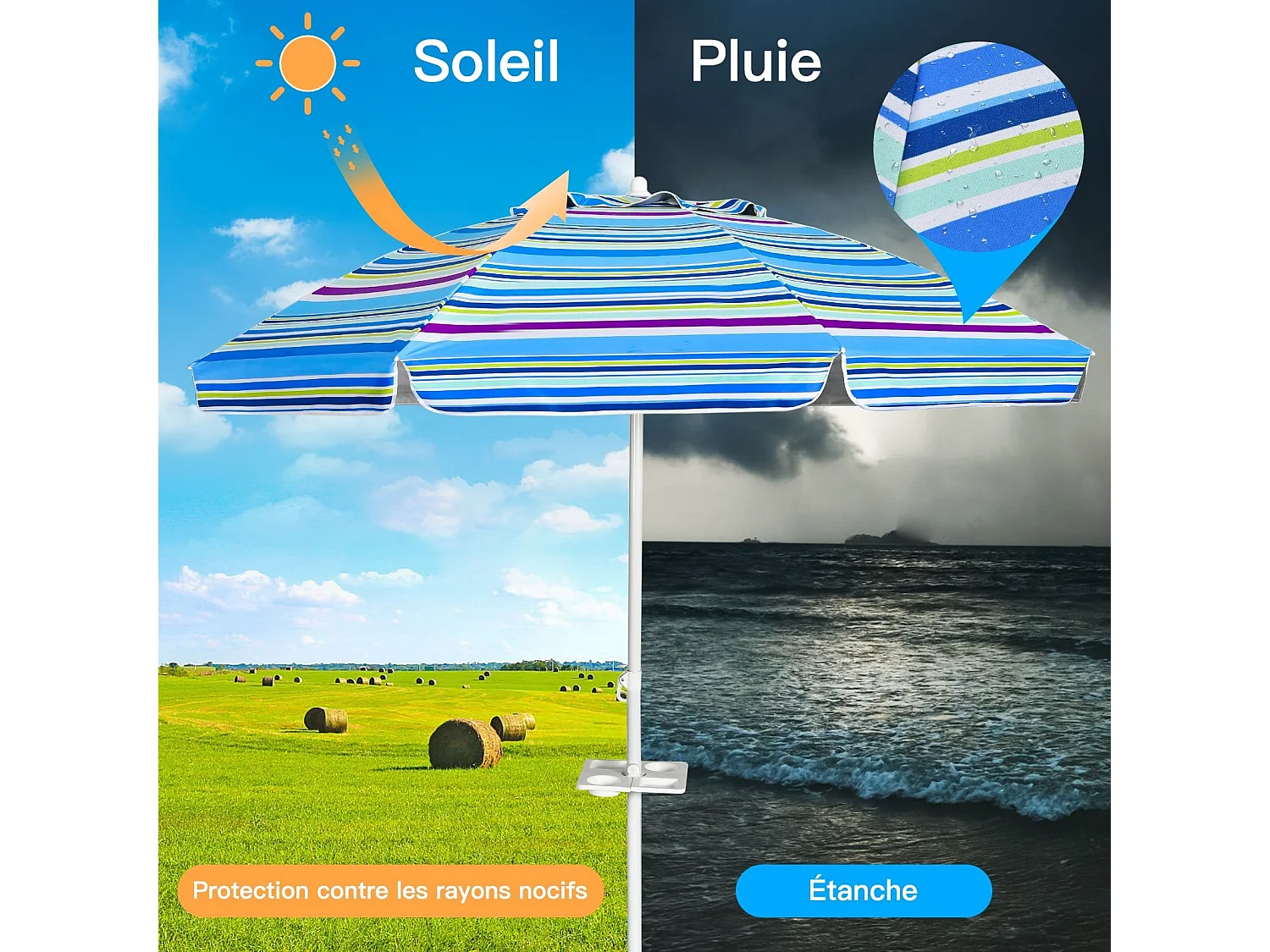 Parasol Pliable 2,2M Mécanisme Inclinable 30° avec Porte-Gobelet Fixation pour Sable Protection UPF50+ Portable Extérieur (Bleu)