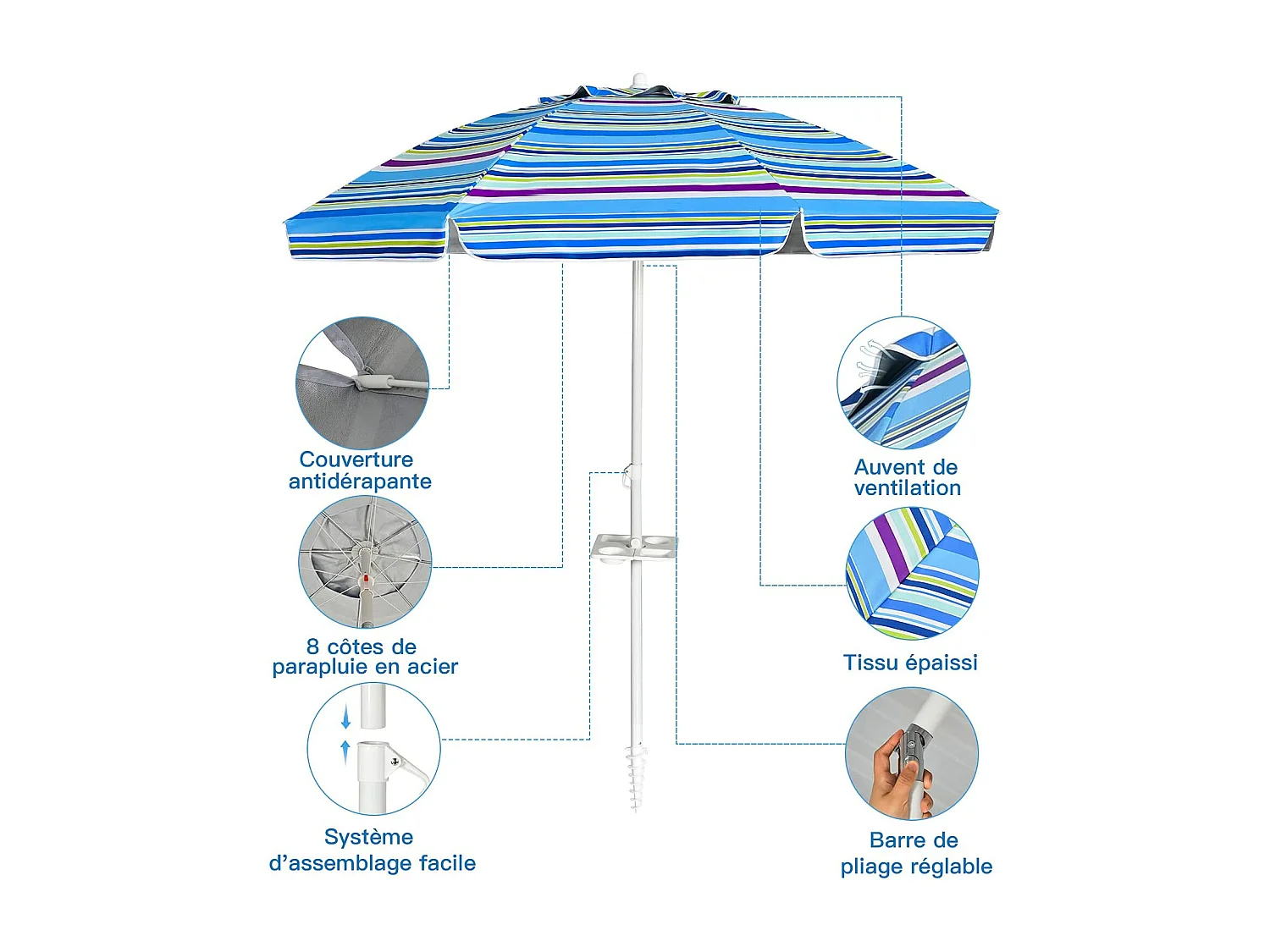 Parasol Pliable 2,2M Mécanisme Inclinable 30° avec Porte-Gobelet Fixation pour Sable Protection UPF50+ Portable Extérieur (Bleu)