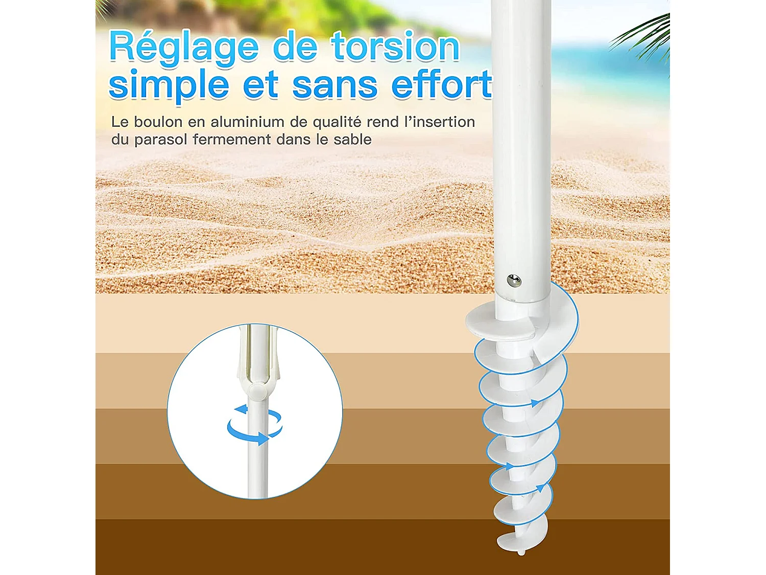 Parasol Pliable 2,2M Mécanisme Inclinable 30° avec Porte-Gobelet Fixation pour Sable Protection UPF50+ Portable Extérieur (Bleu)