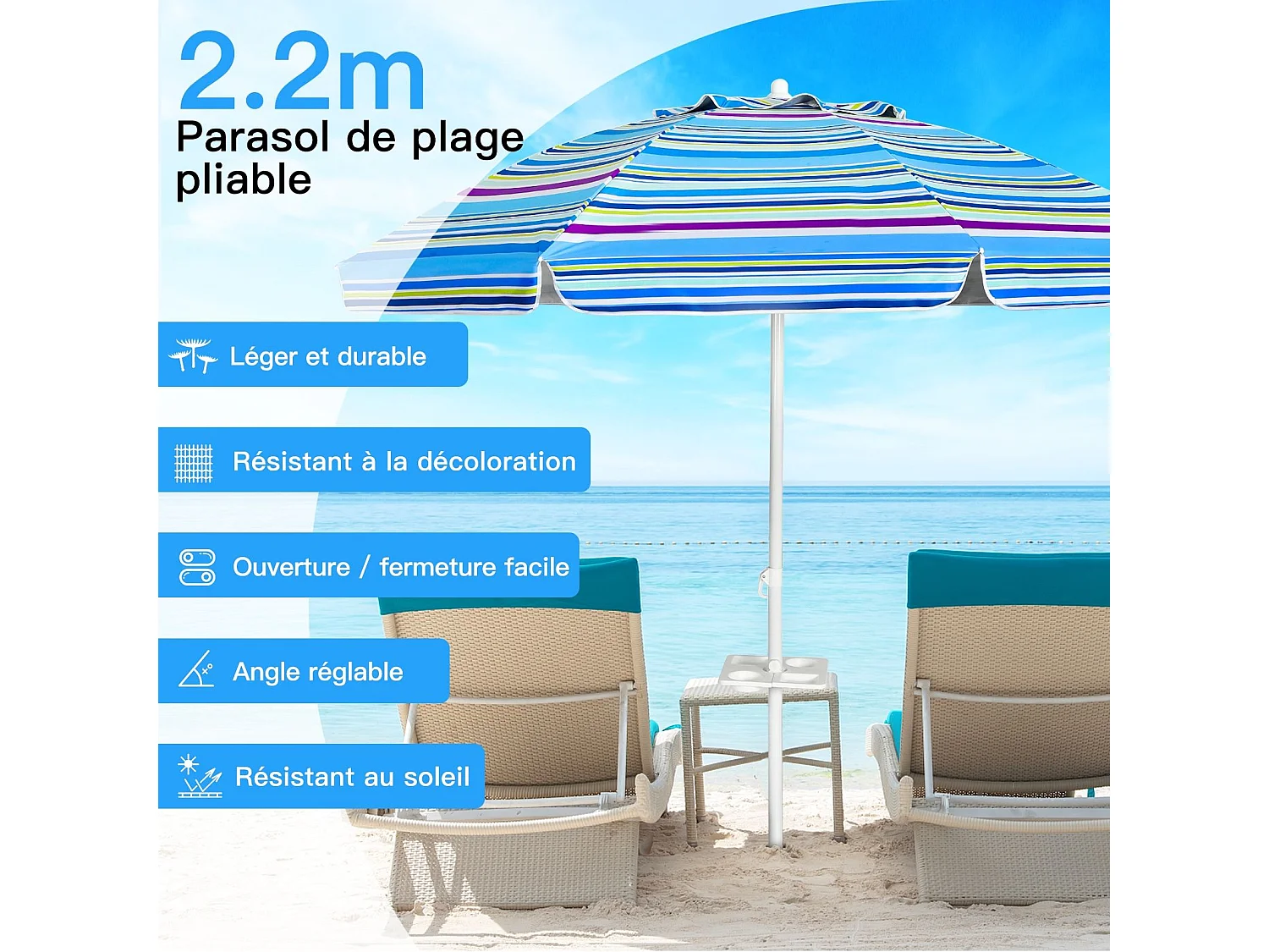 Parasol Pliable 2,2M Mécanisme Inclinable 30° avec Porte-Gobelet Fixation pour Sable Protection UPF50+ Portable Extérieur (Bleu)