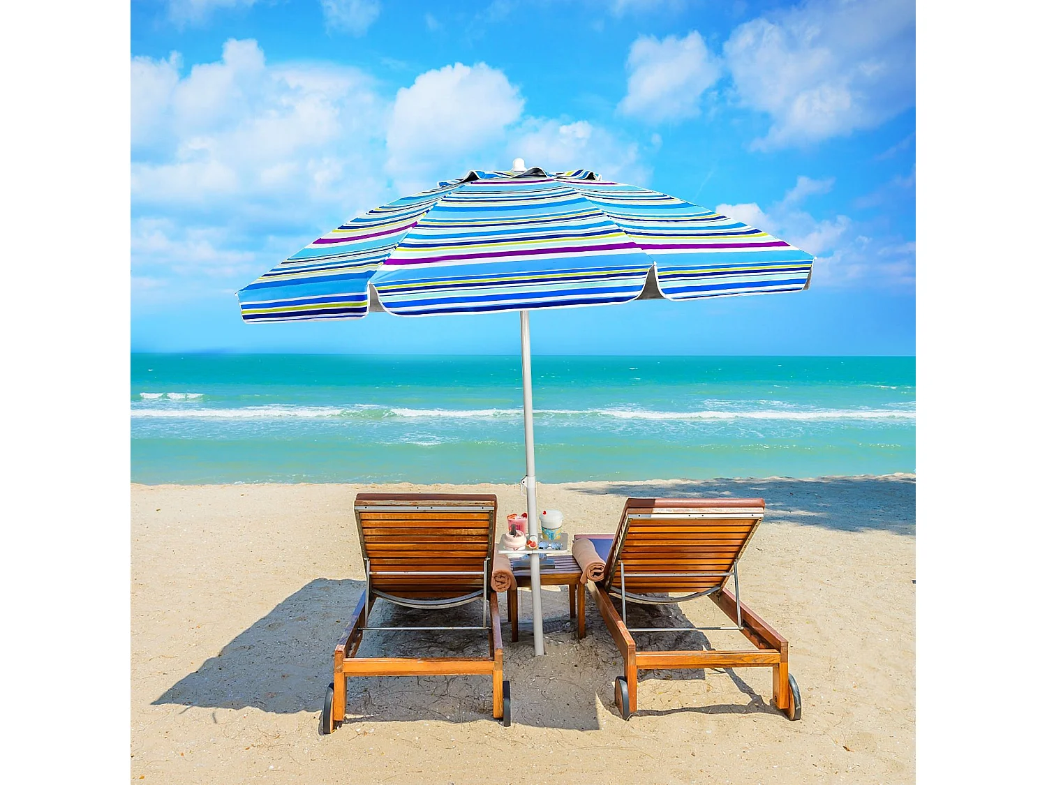 Parasol Pliable 2,2M Mécanisme Inclinable 30° avec Porte-Gobelet Fixation pour Sable Protection UPF50+ Portable Extérieur (Bleu)