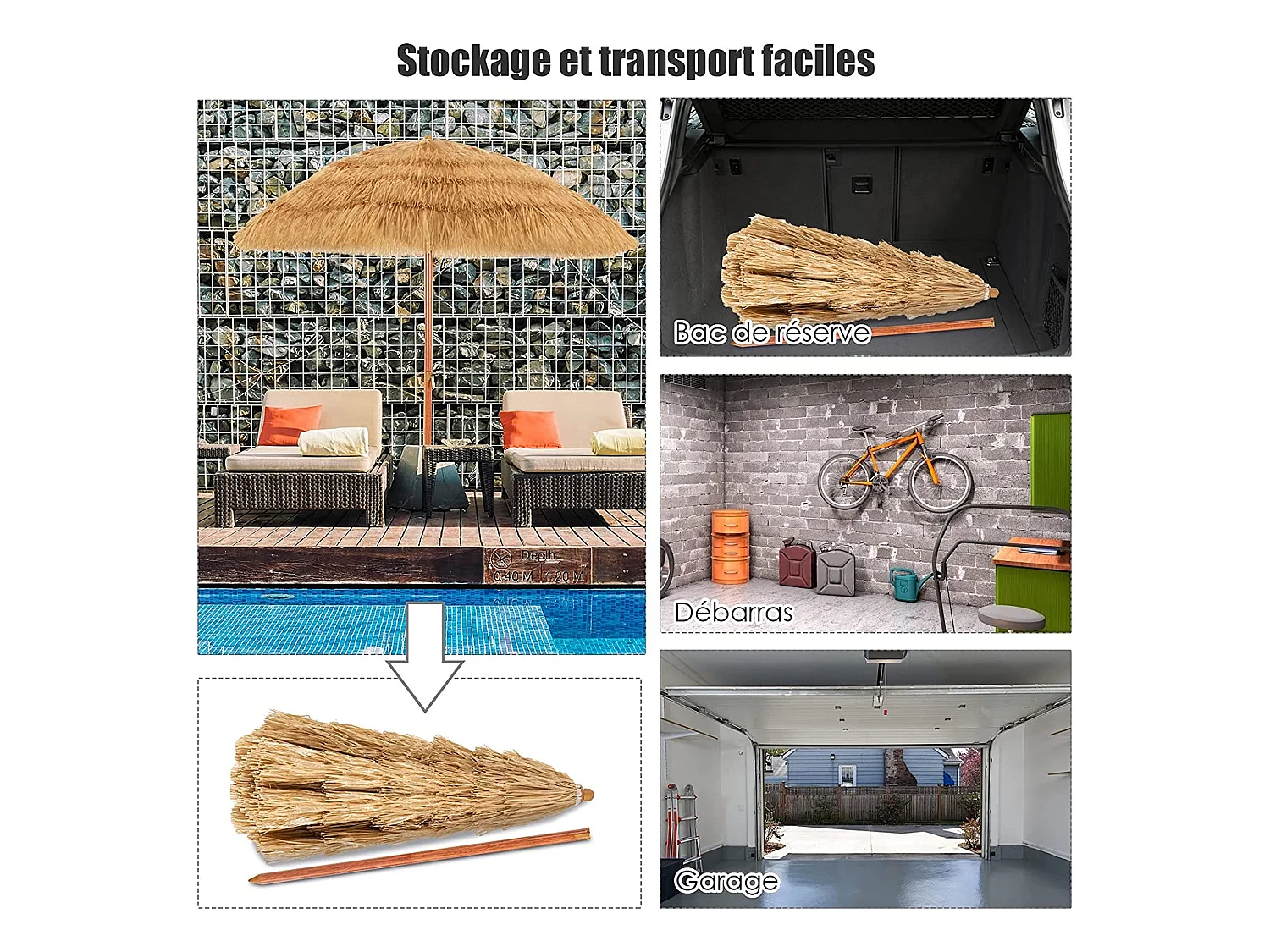 Parasol Inclinable de Paille 1,75M--Protection Solaire UPF 30+, Inclinable sur 30°/Style Hawaïen pour Plage de sable/Jardin/Terrasse/Plage Beige